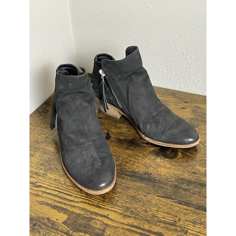 Sam Edelman Black Leather Ankle Boots 6 Boho Stacked Heel Zip Tassel Bootie - Picture 4 of 9
